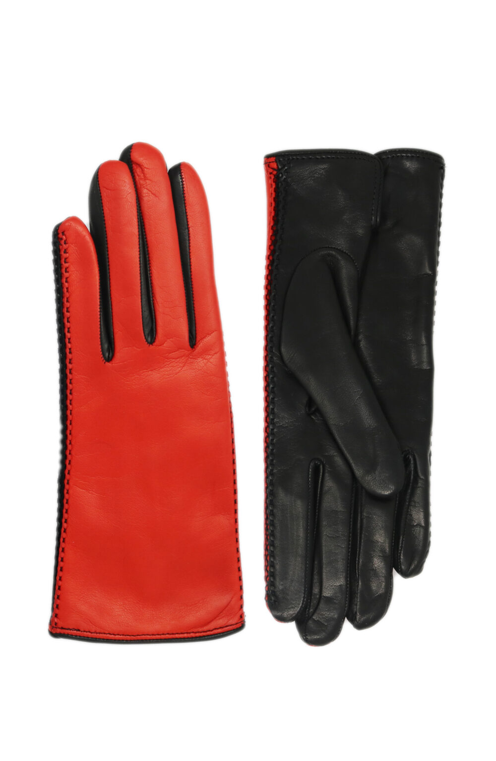 Women gloves 100% lambskin lining in cashmere. Black/Red color.