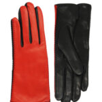 Women gloves 100% lambskin lining in cashmere. Black/Red color.