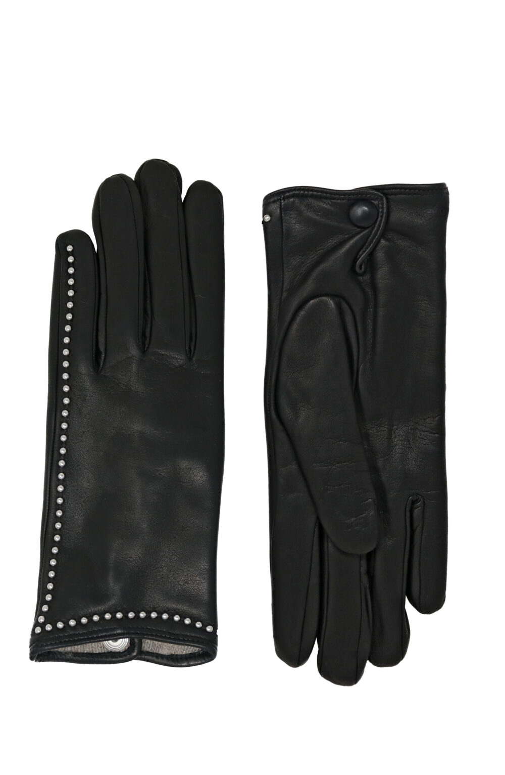 Women gloves 100% lambskin lining in cashmere. Black color with round studs.