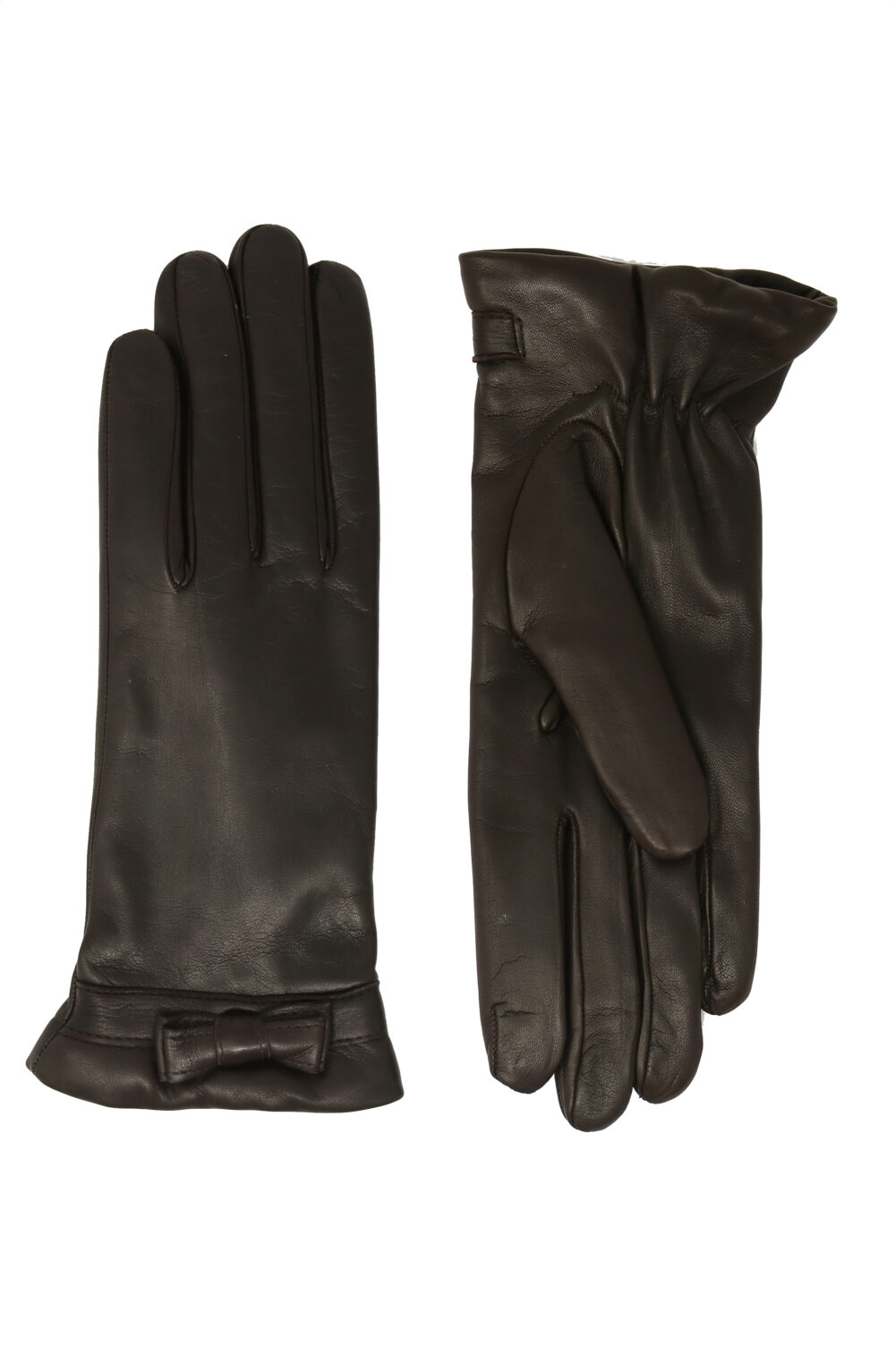 Women gloves 100% lambskin lined in pure cashmere. Brown color with bow.
