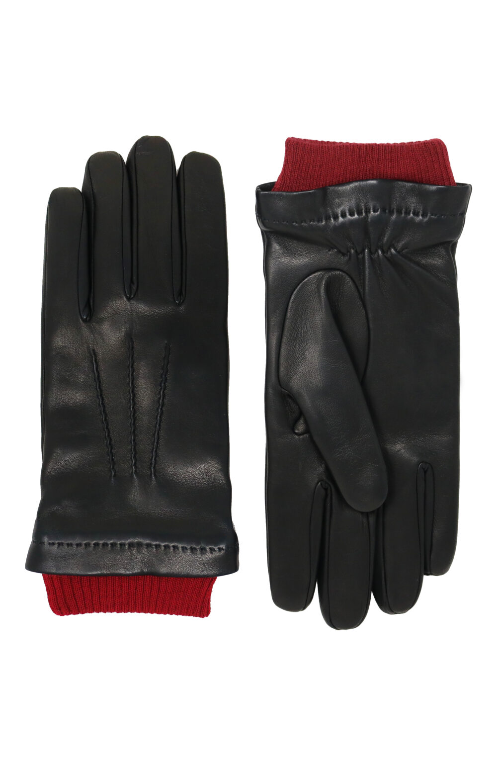 Men gloves 100% lambskin lined in pure cashmere. Black/Red color.